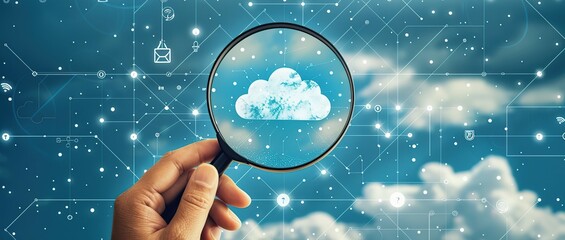 Sticker - Cloud Computing Concept - Magnifying Glass on Cloud Icon