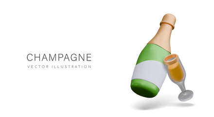 Vector illustration with realistic bottle of champagne, glass with yellow drink