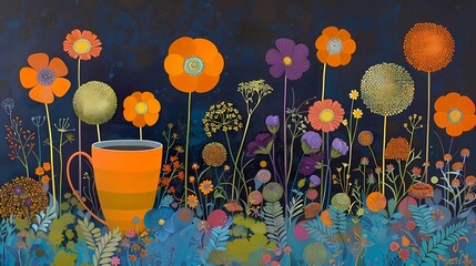 Canvas Print - flowers and cup of tea illustration 