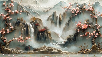 Wall Mural - Three-dimensional stucco design depicting a tranquil Japanese landscape with waterfalls and golden sakuras.