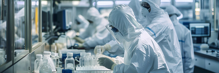 Wall Mural - Pharmaceutical factory, researchers and workers in protective suits developing new drugs or medicines. Biopharmaceutical lab as imagined by 