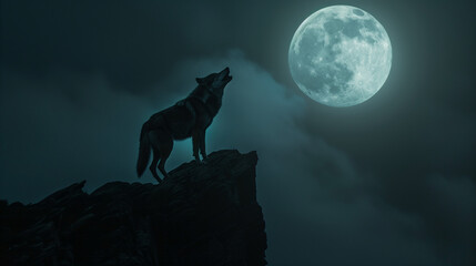  wolf howling at full moon standing on edge of the cliff during dark night 