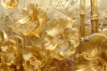 Wall Mural - The Golden Bamboo and Chrysanthemum Pattern is a volumetric Japanese pattern depicting bamboo stalks