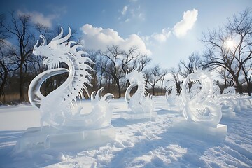 Wall Mural - A snowy landscape with ice sculptures resembling mythical creatures