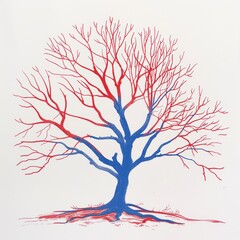 Wall Mural - illustration of a short tree with low-hanging branches with no leaves, on a white background, red and blue