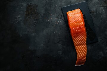 Wall Mural - A single, fresh salmon fillet rests on a black slate board, with copy space to the right of the composition. The fillet is positioned vertically, showcasing its natural color and texture