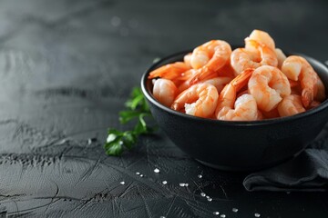 Wall Mural - A black bowl filled with cooked, peeled shrimp sits on a dark wooden table. There is copy space to the right of the bowl