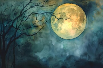 Wall Mural - simple stunning watercolor painting, full moon, dark halloween night, dramatic lighting