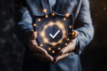 Poster - a businessman holding a shield with a check mark on it