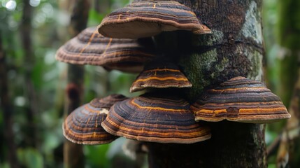 Wall Mural - a group of mushrooms growing on a tree in the rainforest