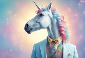 tale blue elegant colored dressed hair suit fairy wild man unicorn abstract rainbow retro elegant illustration animal animal white magical pastel background tale