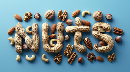 Wall Mural - The word nuts made up of different types of nuts. Vitamin organic protein food