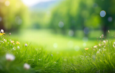 beautiful blurred green nature background with green meadow in foreground. Generative AI.