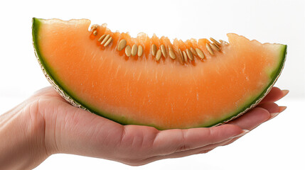 An elegant female hand holds a slice of ripe melon. Isolated