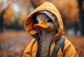 winter hooded bright trendy jacket duck color fashion fall casual attire style animal hood design spring autumn yellow poster pop art 80s bird character lifestyle