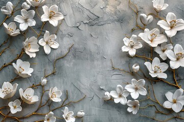 Wall Mural - Flowing pattern of sakura branches surrounded by blossoming flowers in stucco.