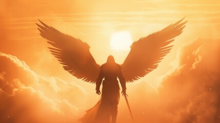 Holy knights in gleaming armor,silhouette of godlike being with glowing wings, ethereal light, Fantasy, Detailed illustration, High contrast