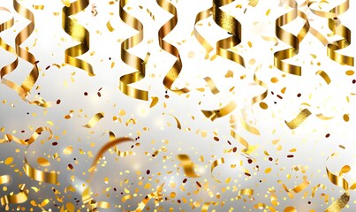 Gold confetti and ribbons on transparent background vector illustration, simple, minimalism -