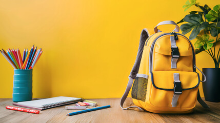 back to school background with backpack and office supplies. school set, student accessories. copy s