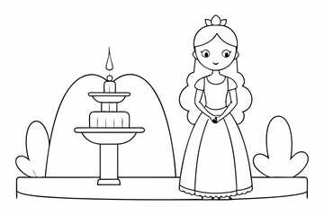 Wall Mural - Children's simple coloring book page Princess with a fountain vector illustration