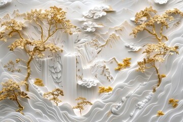 Wall Mural - Stucco molding decorated with golden elements depicting a serene Japanese landscape with waterfalls and mountains