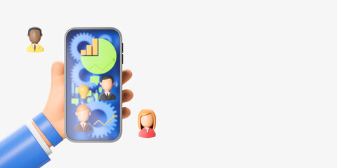 Poster - Cartoon hand with phone, business tasks and management. Copy space