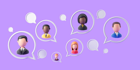 Team cartoon figures with mockup bubbles on purple background