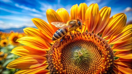 A beautiful busy European honey bee collects nectar from a bright yellow colorful blooming sunflower on a sunny day.