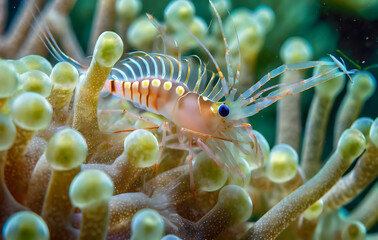 Wall Mural - Close-up of a colorful anemone shrimp nestled in the folds of sea coral, highlighting. Generative AI.