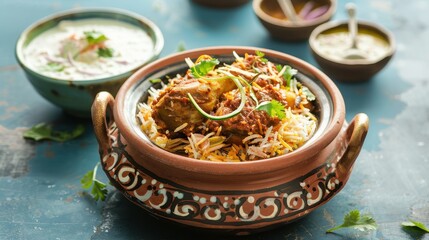 Wall Mural - Authentic Biryani Delight Served in Clay Pot with Raita on Blue Background under Clear Lighting