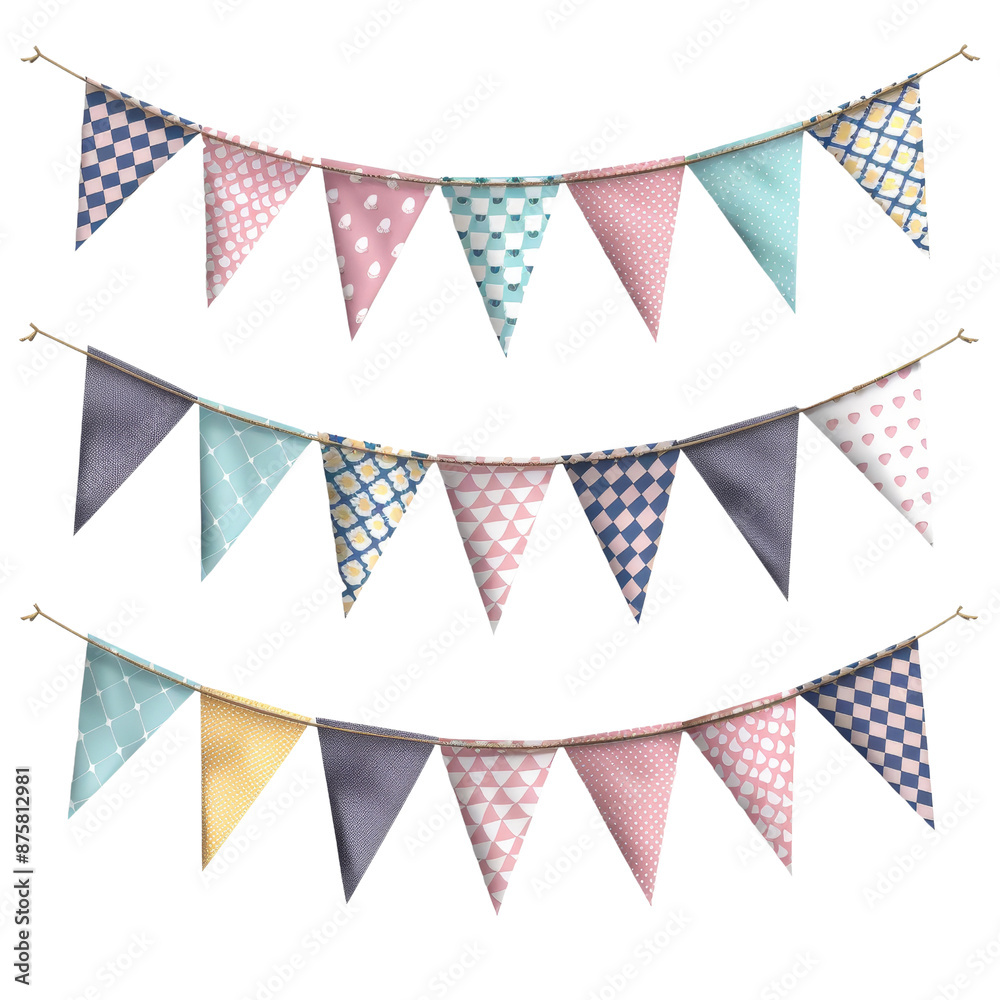 String of pastel-colored bunting flags in various patterns arranged in ...