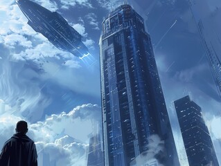 Futuristic cityscape with tall skyscrapers and a spaceship hovering in the sky, depicted in a digital artwork.