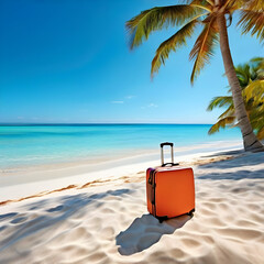 Wall Mural - travel suitcase on the beach