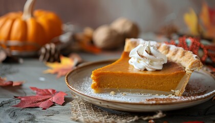 Poster - classic pumpkin pie with dollop of whipped cream set on rustic table with autumn decorations.