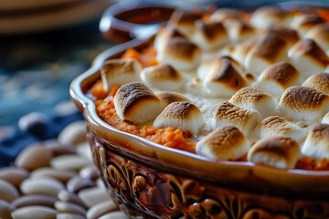 Poster - roasted sweet potato casserole topped with toasted marshmallows served in decorative dish.