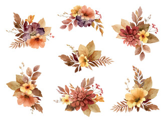 Wall Mural - Watercolor vector collection of fall floral bouquets. Hand painted illustration for greeting cards, wedding invitations, floral poster and decorations.