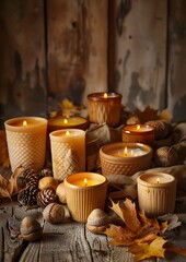 Poster - collection of autumn-themed candles in various sizes surrounded by acorns and leaves on wooden surface.