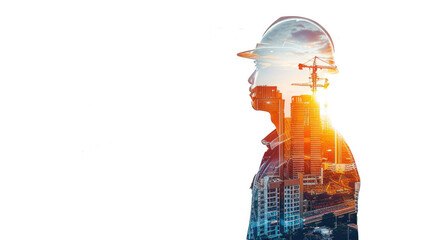 Portrait of a construction worker man with safety helmet letting see city buildings under construction. Transparent background or PNG file