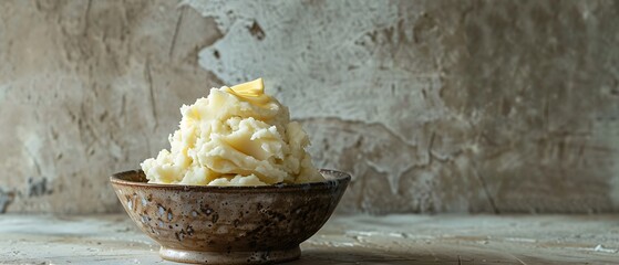 Poster - stack of fluffy mashed potatoes with pat of melting butter on top served in rustic bowl against neutral background.