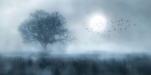 Wall Mural - Mysterious Foggy Landscape with Silhouetted Tree