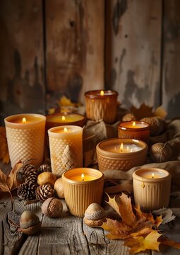 collection of autumn-themed candles in various sizes surrounded by acorns and leaves on wooden surface.