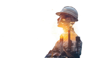 Portrait of a construction worker man with safety helmet letting see city buildings under construction. Transparent background or PNG file