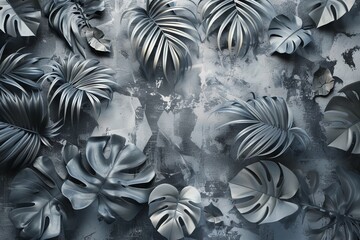 Wall Mural - Using volumetric stucco, Silver Tropical Leaves portrays tropical foliage with silver accents.