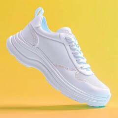 Wall Mural - Single sport shoe on pastel colorful gradient background, fashion sneakers flying falling in air