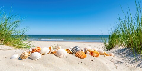 Collection of seashells on a sandy beach with coastal grasses and a clear blue ocean under a bright summer sky