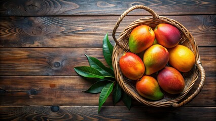 Fresh ripe mangoes placed in a rustic basket , mango, fruit, ripe, sweet, juicy, tropical, organic, healthy, delicious, vibrant