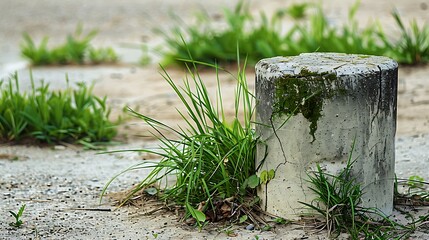 Wall Mural - A concrete pillar with lush grass with cracked leaves on a sandy background