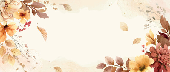 Wall Mural - autumn watercolor horizontal banner. thanksgiving and harvest day. fall leaves and flowers border. c