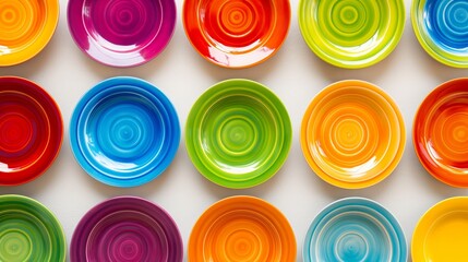 Poster - A row of colorful plates with a rainbow pattern. The plates are arranged in a line and are of different colors