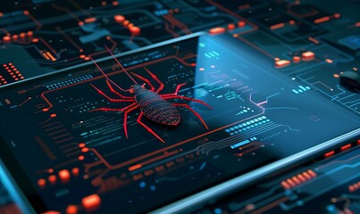 Poster - Cybersecurity Threat: A Red Spider Crawls on a Tablet Screen
